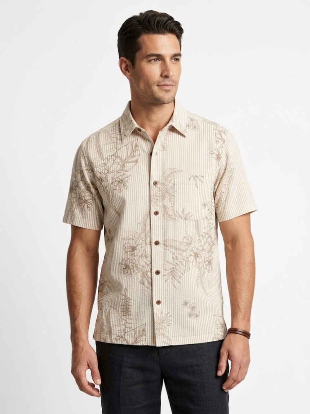 Havana Jack’s Café Men’s Floral Striped Button‑Up Shirt Beige White Size M